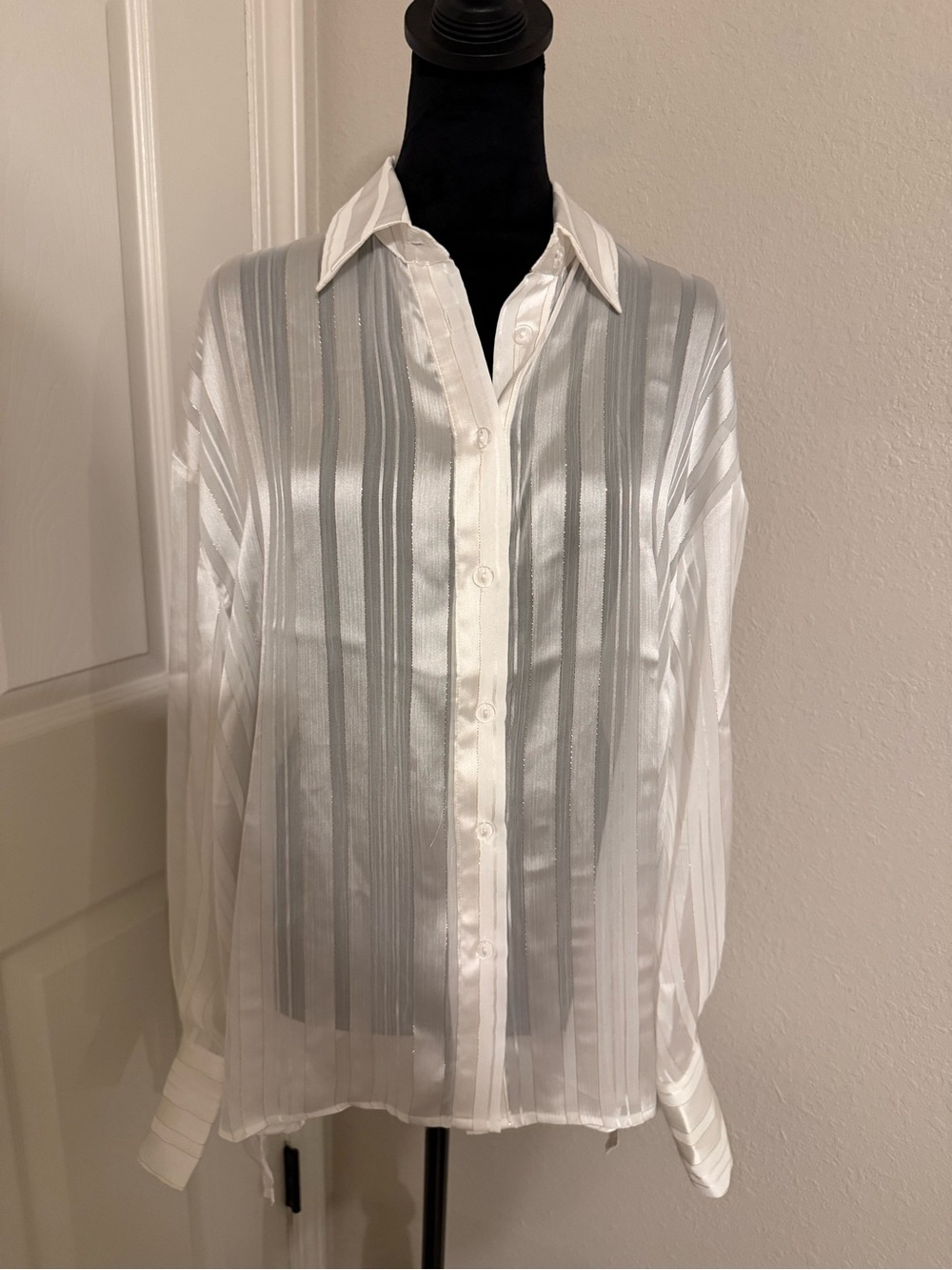 Commense White Sheer Striped Button-Down Blouse